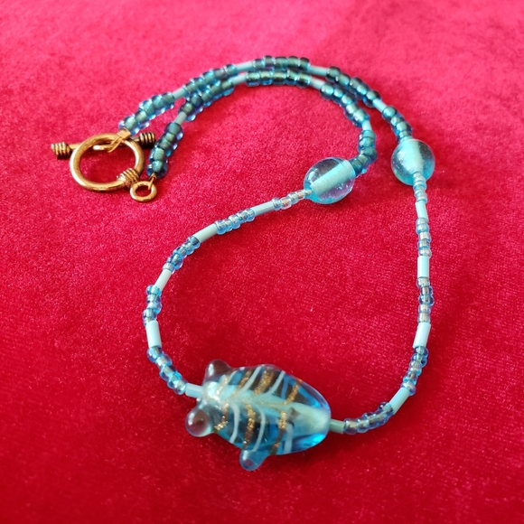 Jewelry - Blue Glass and seed bead Toggle Clasp Necklace